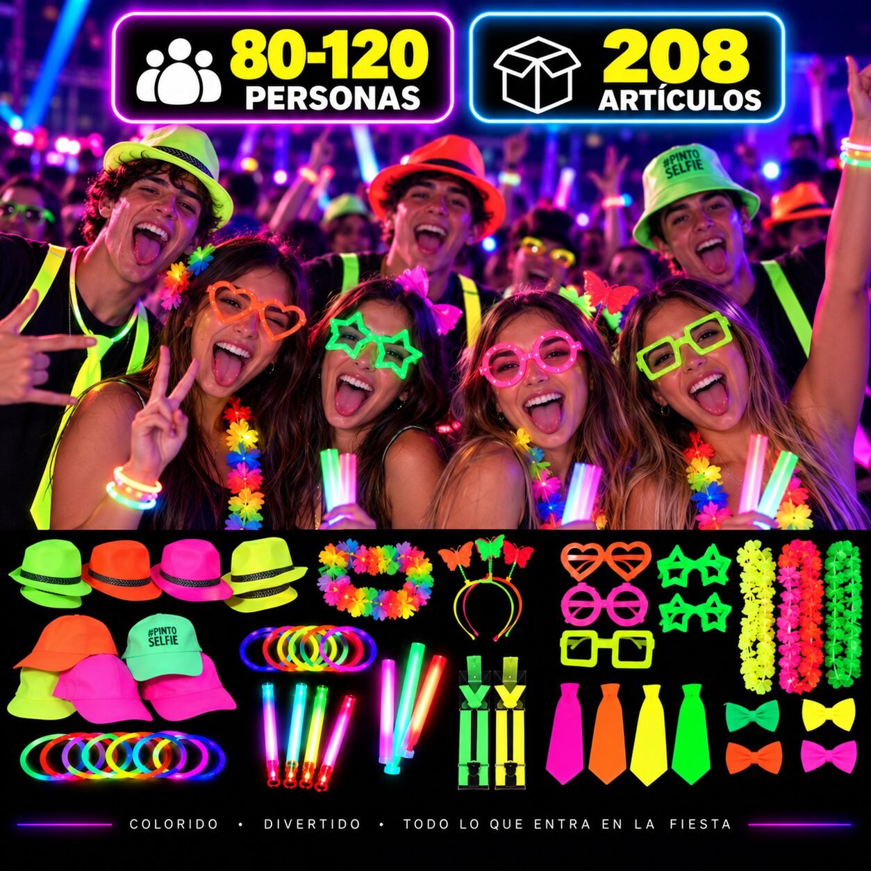 *Combo cotillon SUPER fluo premium para 80-120 personas