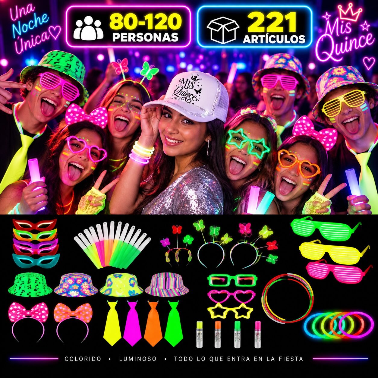 *Combo cotillon fluo/luminoso 80-120 personas Mis quince
