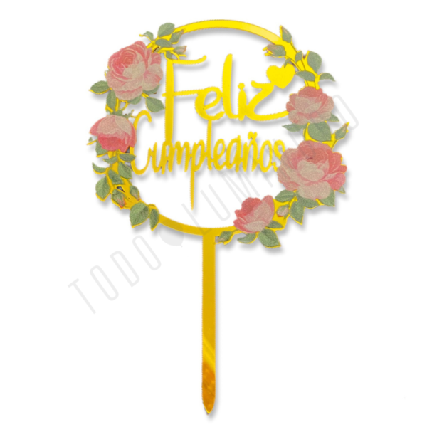 Topper para torta flores "Feliz cumpleaños"