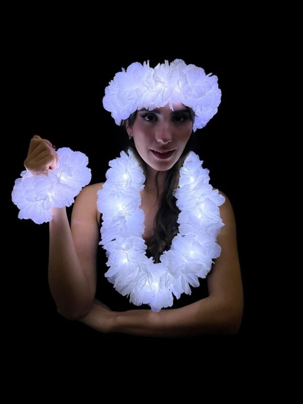 Promo Combo hawaiano blanco luminoso (collar+corona+pulsera)