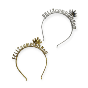 Vincha metalizada "Feliz cumpleaños" con coronita