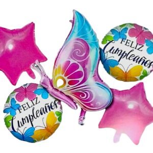 Set globos mitad mariposa Feliz Cumple (5 pcs)