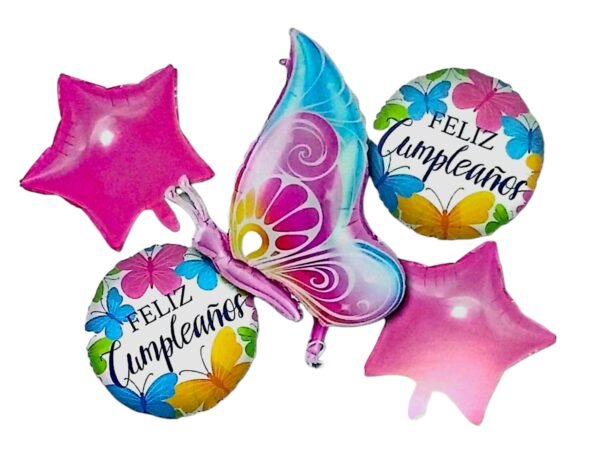 Set globos mitad mariposa Feliz Cumple (5 pcs)
