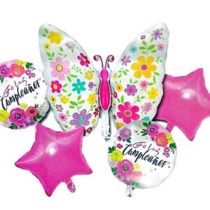 Set globos mariposa flores Feliz Cumple (5 pcs)