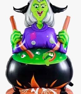 Globo metalizado halloween con base 1m silueta bruja c/caldero
