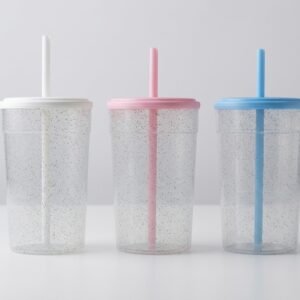Promo 10 vasos glitter eco transparente con tapa y sorbete 600 cc