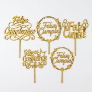 Topper Feliz cumpleaños glitter dorado fibrofacil