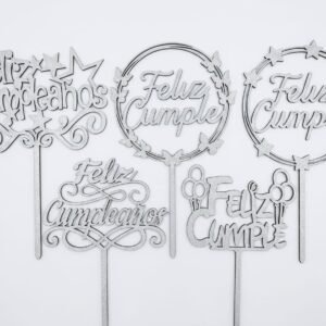 Topper Feliz cumpleaños glitter plateado fibrofacil