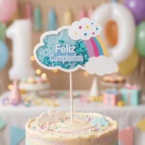 Topper Feliz Cumple nube c/confetti 20 cm shaker